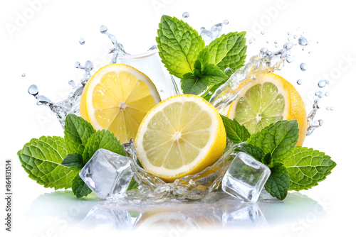 Mint leaves and lemon slices over ice and in a splash of water. Isolated on a white background