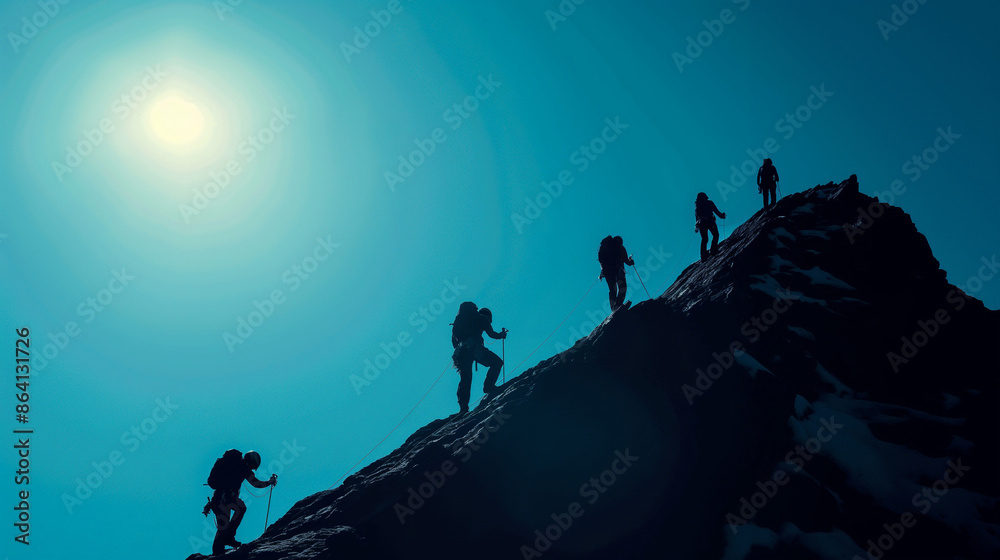 Fototapeta premium This dramatic image presents the silhouettes of climbers ascending a steep mountain, captured at dawn, embodying determination, effort, and teamwork.