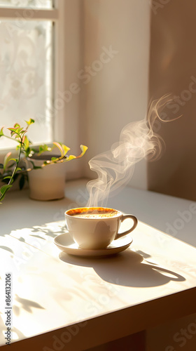 Wallpaper Mural A cup of steaming coffee is placed on the table Torontodigital.ca