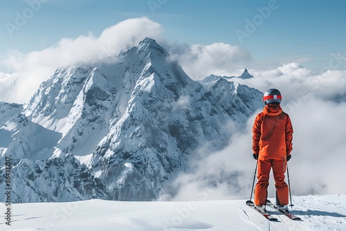 Skier in Vibrant Gear Gazing at Majestic Snow-Capped Mountains