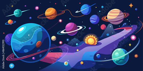 background with space, Mysterious deep space scene with colourful swirling planets.Cartoon illustration Of Space. Space flat background with planets and stars. Galaxy illustration for kids