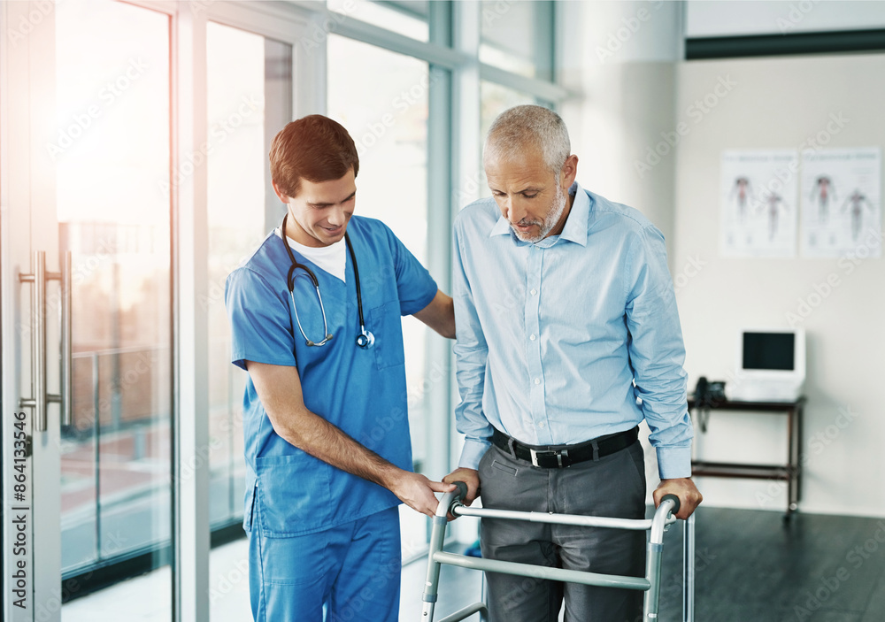 Nurse, patient and physical therapy with walker, help and support in clinic for healthcare. Physiotherapy, service and hospital care for male person with parkinson, walking and rehabilitation center Nurse, patient and physical therapy with walker, help and support in clinic for healthcare. Physiotherapy, service and hospital care for male person with parkinson, walking and rehabilitation center
