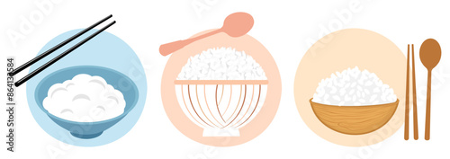 Set of rice bowls, chopsticks and spoons vector.