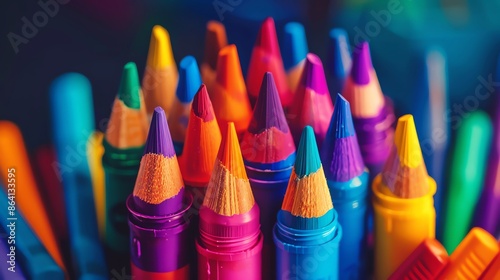 Close-up of colorful crayons with vibrant tips, perfect for art and creativity. Ideal for educational and craft purposes.