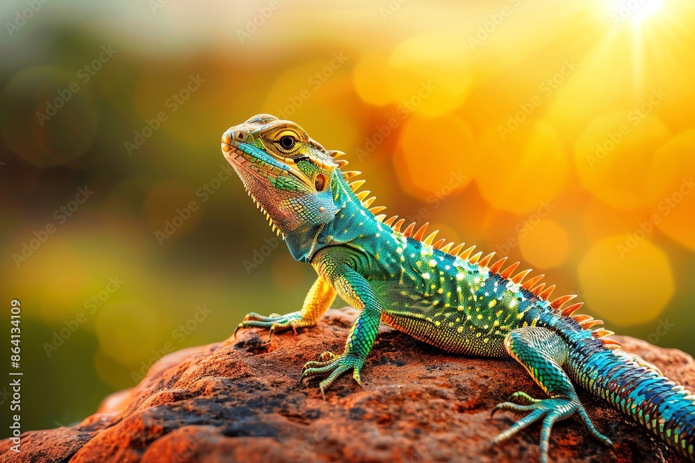 Fototapeta premium Colorful lizard basking in the sunlight on a rocky surface with a vibrant, blurred background.