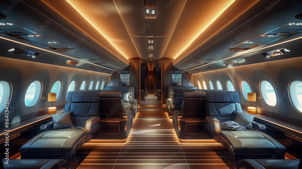 Luxurious interior of a private jet with elegant seating and lighting