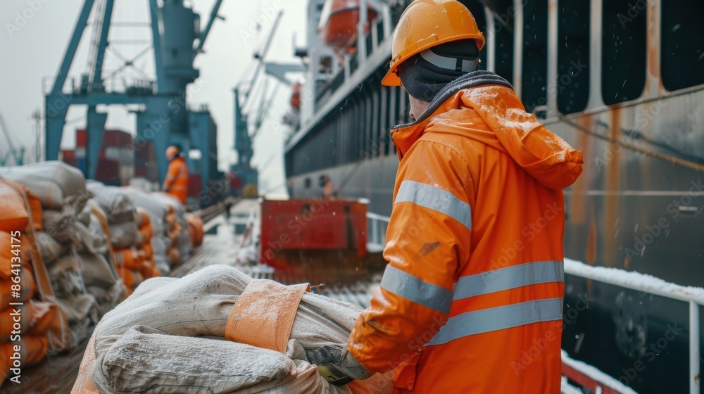 Fototapeta premium Dockworker unloading cargo from ship on a snowy day