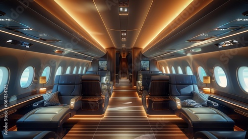 Obraz na płótnie Luxurious interior of a private jet with elegant seating and lighting w salonie