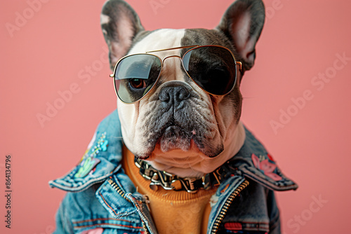 Funny bulldog wearing sunglasses  portrait , studio shooting high quality photo pet  on pink background, wallpaper, wall art