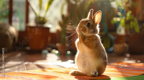 Cute brown bunny rabbit sitting on a yoga mat with plants in background. photo