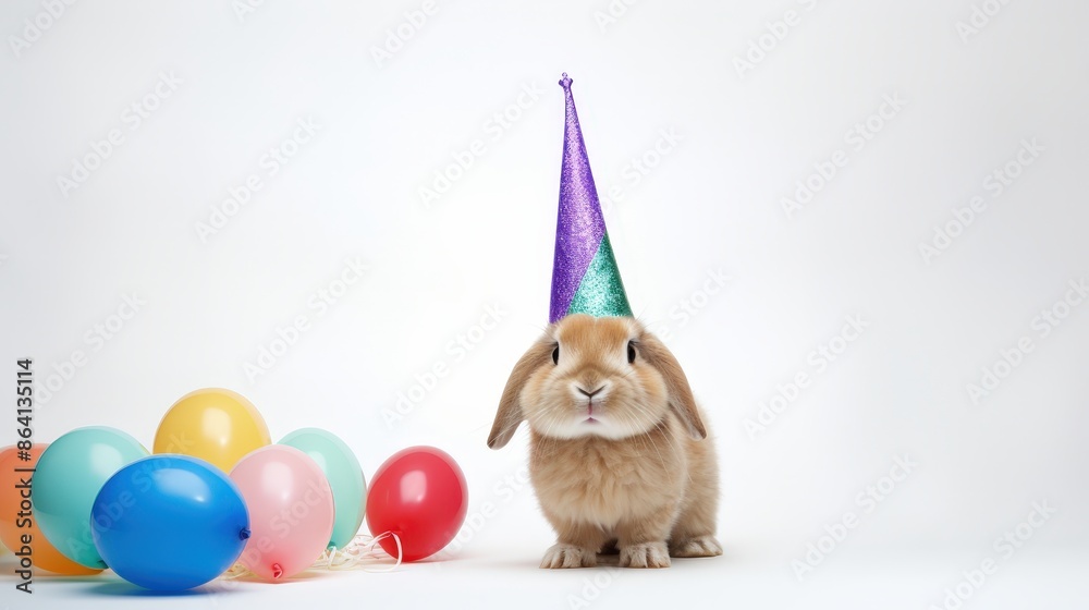 Obraz premium Cute Bunny with Party Hat and Balloons