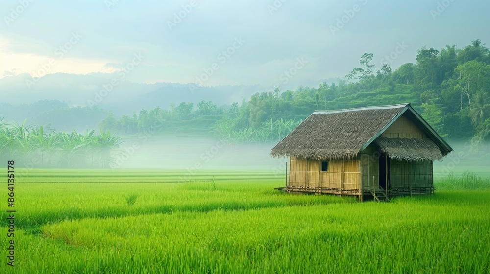 Bamboo hut in green field with empty space Bamboo hut in green field with empty space