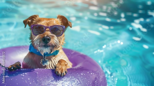 Dog wearing sunglasses in pool float