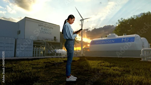 Full Body Side View Of An Asian Female Professional Worker Standing With Her Tablet At Green Hydrogen factory, High-tech Industrial Facility, She Is Nodding Her Shead With Dissapionted photo