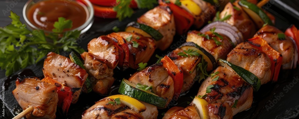 Close-up of delicious grilled chicken skewers with colorful vegetables, arranged beautifully and accompanied by a side dip, ready to serve. Close-up of delicious grilled chicken skewers with colorful vegetables, arranged beautifully and accompanied by a side dip, ready to serve.