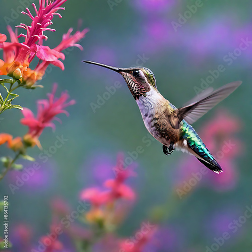 A hummingbird hovers with precision near vibrant flowers, captured in stunning detail. AI Generated Photo. hummingbird, hovering, flowers, nature, wildlife, dusk, photography, colorful, vibrant, preci photo