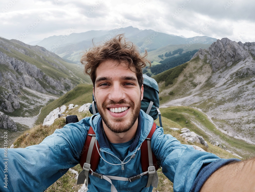 Young man with backpack taking a selfie on a mountain hike Young man with backpack taking a selfie on a mountain hike