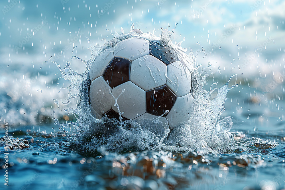 Naklejka premium soccer ball on the rain