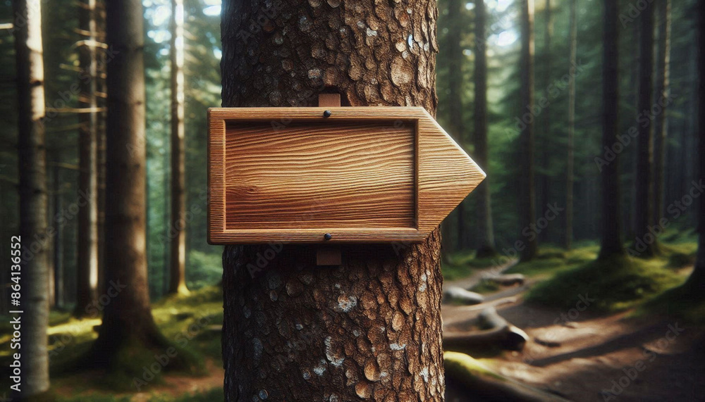 Simple wooden arrow sign mounted on a tree in a forest setting Simple wooden arrow sign mounted on a tree in a forest setting