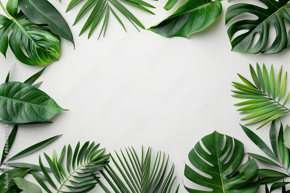 Naklejka premium Tropical leaves frame with blank center, vibrant green foliage, perfect for summer designs