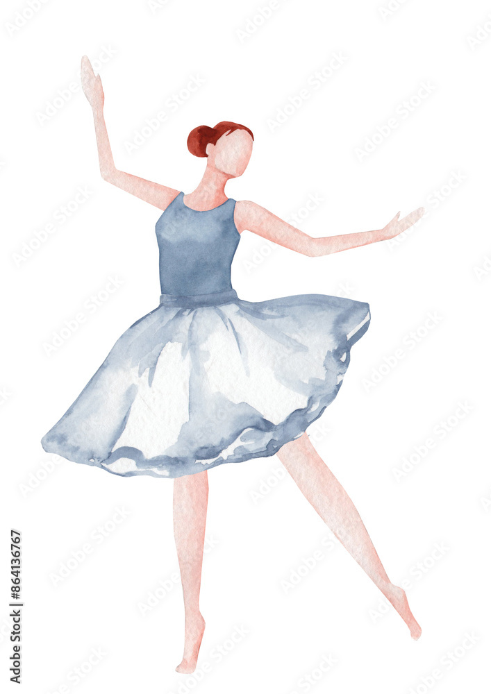 Naklejka premium Watercolor Ballerina in a blue Tutu. Hand drawn illustration of dancer isolated on white background