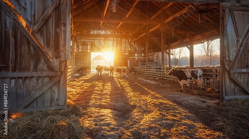 Sunrise in a barn with cows and sun rays creating a warm atmosphere