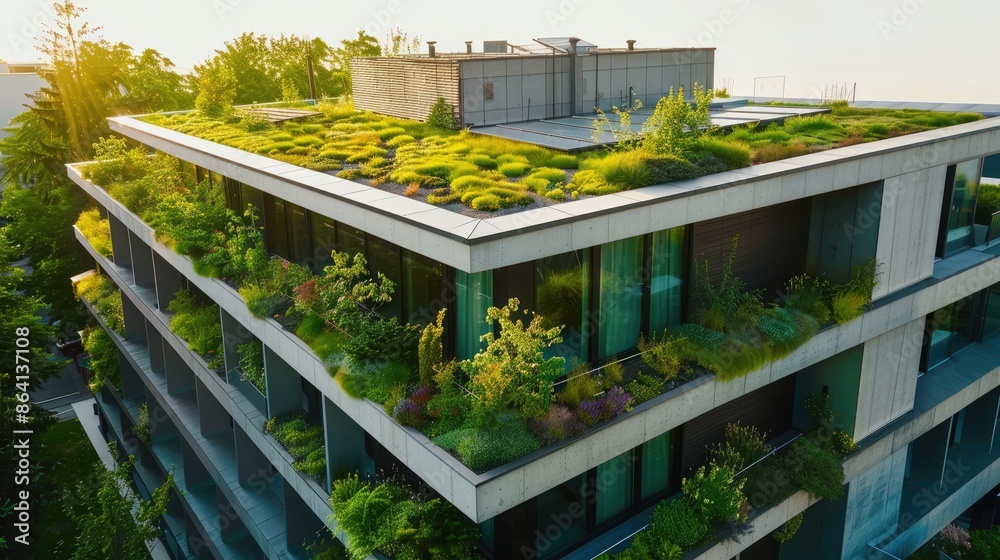 Modern buildings with lawns on the roof in the city eco park, roofs are covered with green grass. Modern buildings with lawns on the roof in the city eco park, roofs are covered with green grass.