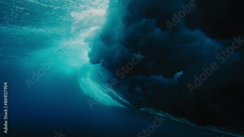 Underwater view of ocean wave crashing and turning in vortex at Cloudbreak Fiji photo