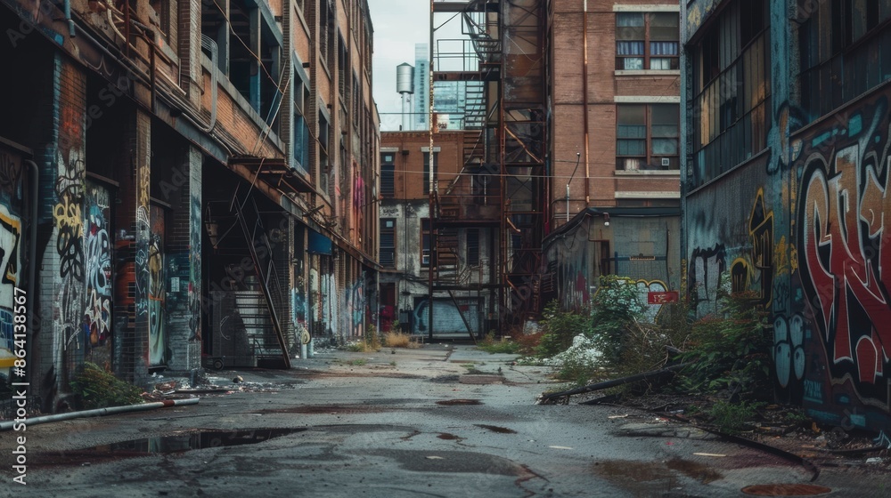 Fototapeta premium Graffiti-covered alleyway in a gritty industrial neighborhood
