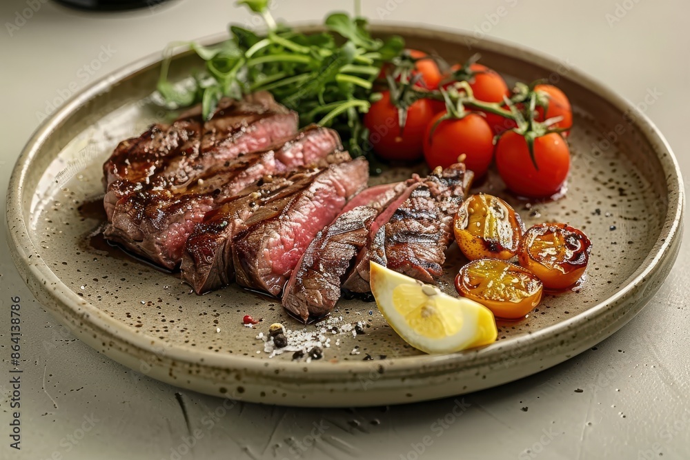 A plate of steak with tomatoes and lemon slices A plate of steak with tomatoes and lemon slices