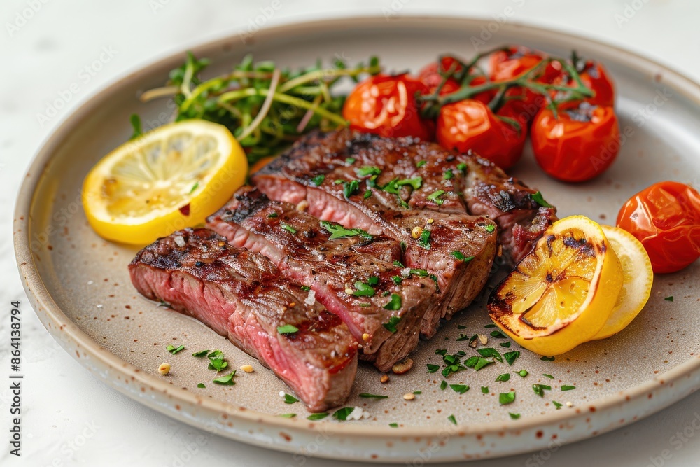 A plate of steak with tomatoes and lemon slices A plate of steak with tomatoes and lemon slices