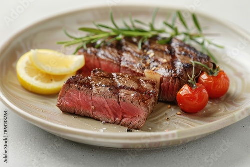 A plate of steak with tomatoes and lemon slices