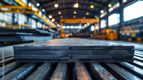 Industrial factory interior with metal sheets and machinery photo