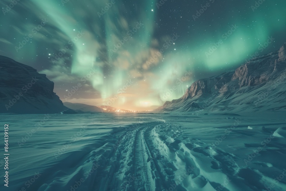 Fototapeta premium A beautiful night sky with a glowing aurora borealis