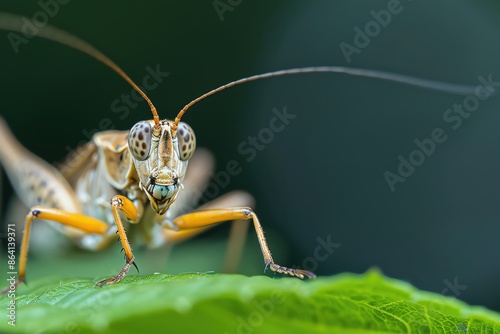Close-up of a mantis insect perched on a green leaf with a blurred background, showcasing its detailed eyes and antennae.