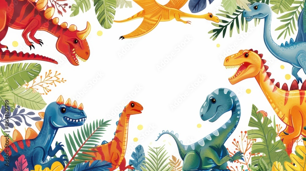 A group of dinosaur toys are scattered around a white background A group of dinosaur toys are scattered around a white background