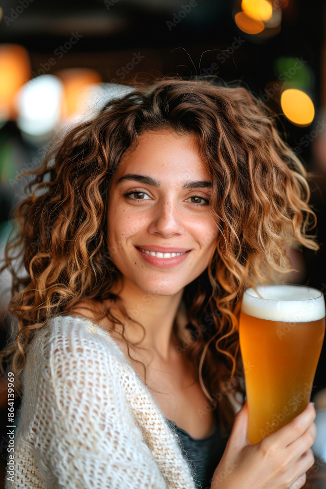 A happy Caucasian woman with curly hair, enjoying a glass of beer at a bar A happy Caucasian woman with curly hair, enjoying a glass of beer at a bar