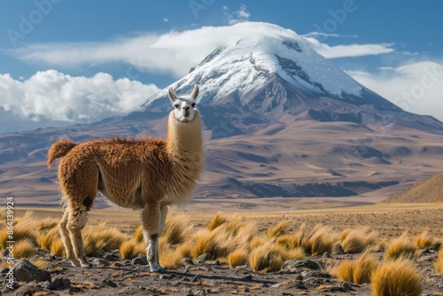 A llama stands in a field of yellow grass next to a mountain