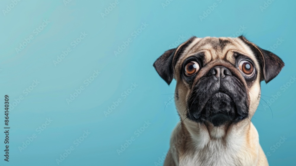 A pug dog with its eyes wide open staring at the camera