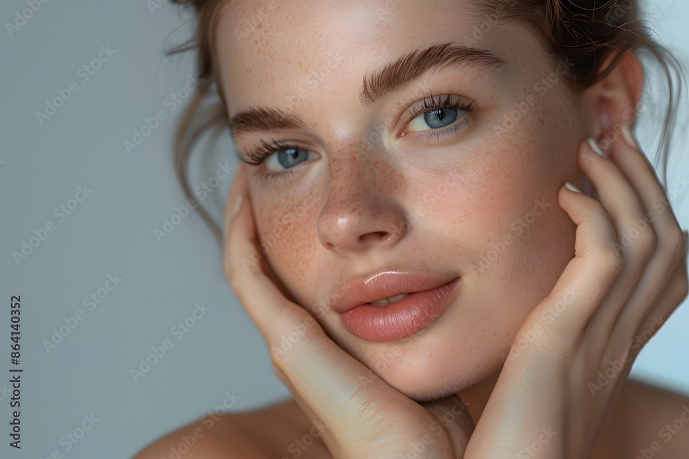 Beautiful female touching her skin, age 25, head and hair fully visible, without makeup, natural skin against light blue background Beautiful female touching her skin, age 25, head and hair fully visible, without makeup, natural skin against light blue background