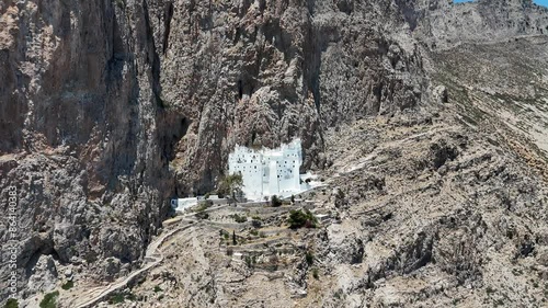 Aerial drone shot of Hozoviotissa Monastery in Amorgos, Greece.