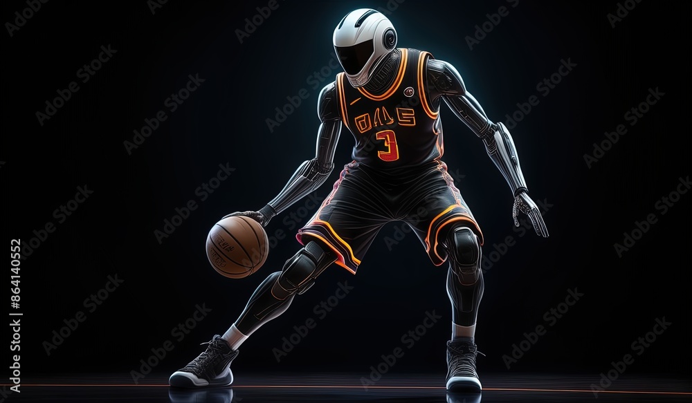 basketball robot player. robot wearing a jersey playing basketball. robot model basketball athlete. black backround. cool robot in basketball jersey basketball robot player. robot wearing a jersey playing basketball. robot model basketball athlete. black backround. cool robot in basketball jersey