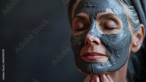 A middle-aged woman applying a clay mask in a studio, showcasing the rejuvenating effect of skincare treatments