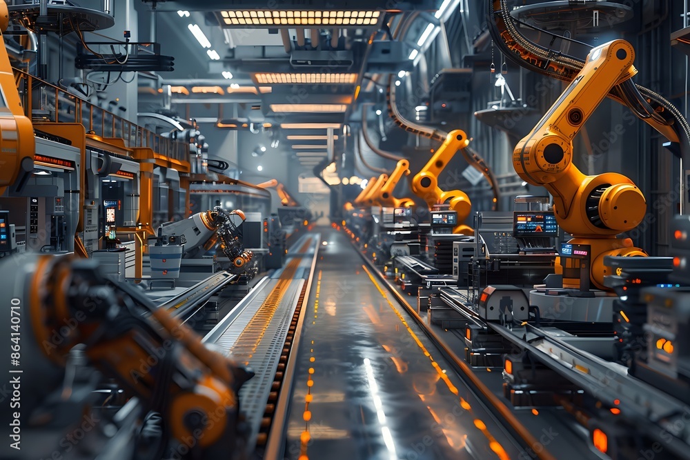 Futuristic Automated Factory with Robotic Arms on Production Line. Concepts. Industry 4.0, Automation, Manufacturing, and Technology Futuristic Automated Factory with Robotic Arms on Production Line. Concepts. Industry 4.0, Automation, Manufacturing, and Technology