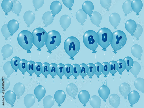  It's a boy. Celebration pattern with blue balloons for gender party. Design for holiday greeting card and invitation of baby shower, birthday, childbirth. Know gender of unborn child. Boy or girl. 
