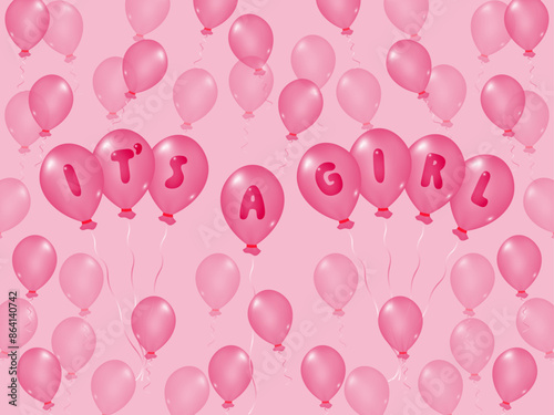 It's a girl. Celebration pattern with pink balloons for gender party. Design for holiday greeting card and invitation of baby shower, birthday, childbirth. Know gender of unborn child. Boy or girl. 
