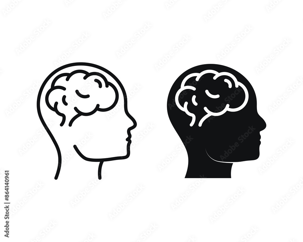 Human head with brain outline and solid silhouette icons Human head with brain outline and solid silhouette icons