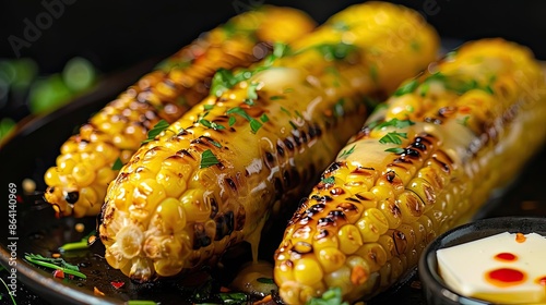 Close-up of delicious grilled corn on the cob with melted butter and herbs, served on a rustic plate.