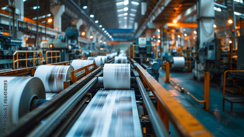 High-speed conveyor belt in a large industrial factory High-speed conveyor belt in a large industrial factory