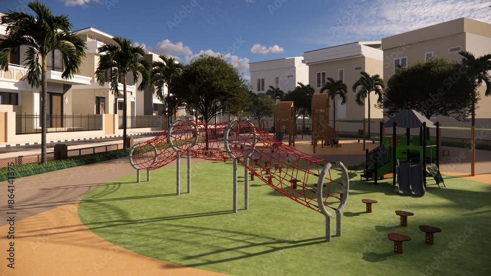 Obraz premium Public playground with middle east theme in local area among housing building complex
